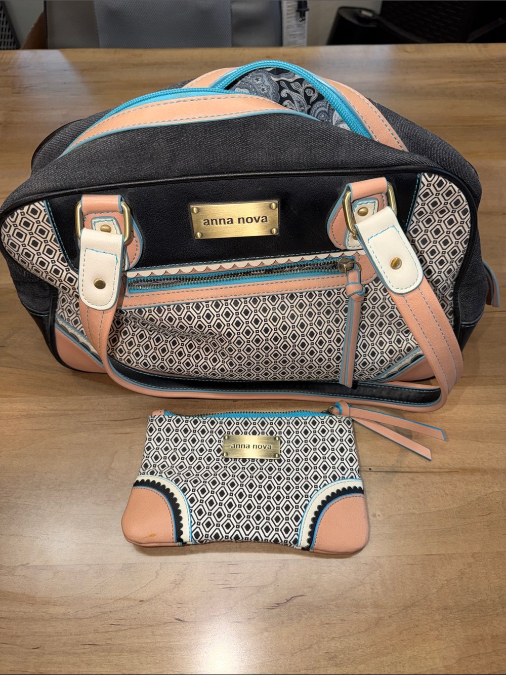 Anna Nova Peach & Black Travel Satchel with Matching Wristlet